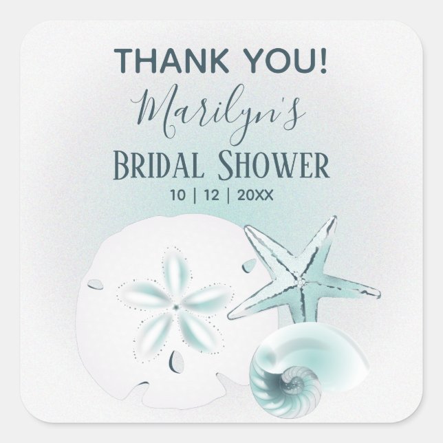 Adesivo Quadrado Casamento de Praia de Seashell Moderno Turquoise (Frente)