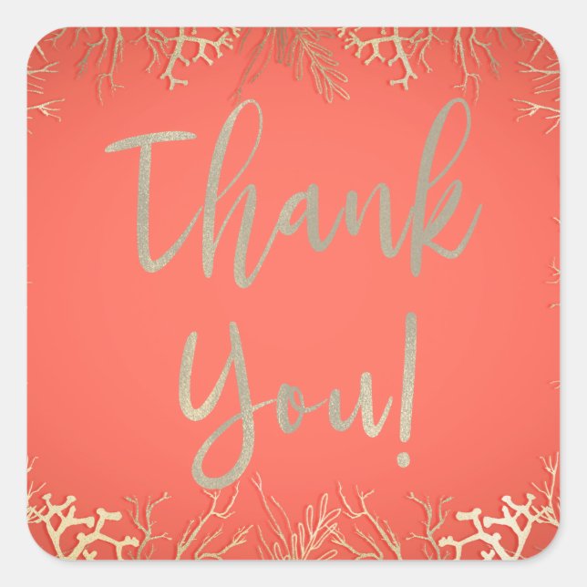 Adesivo Quadrado Casamento de Praia Elegante Laranja Coral Dourado  (Frente)