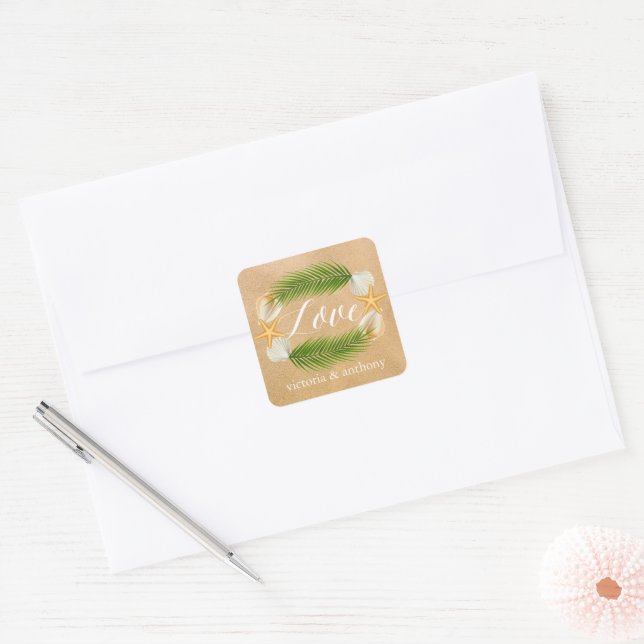 Adesivo Quadrado Casamento de praia Tropical Wreath Sandy (Envelope)