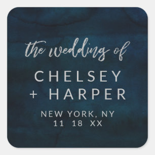 Adesivo Quadrado Casamento de prata azul escuro do monograma do