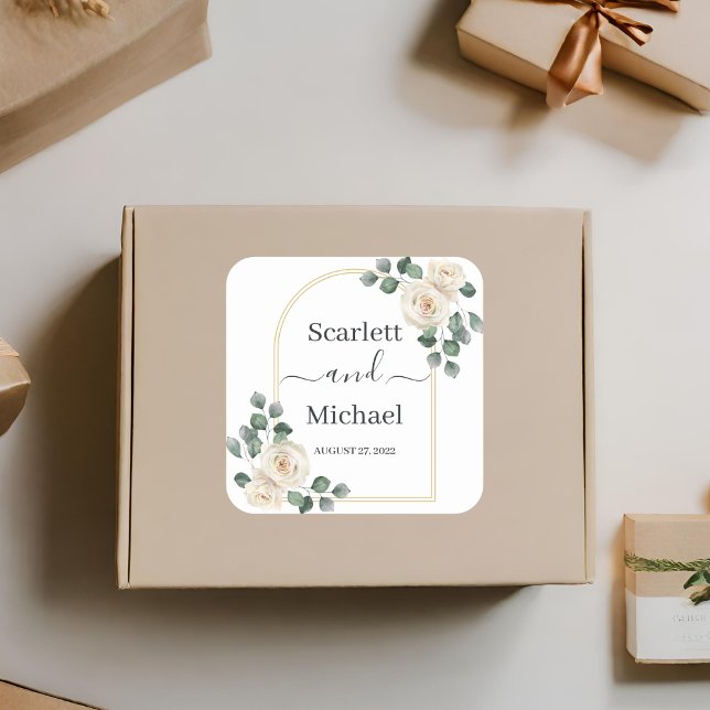Adesivo Quadrado Casamento de Rosa Branca e Ouro Moderno Elegante (Criador carregado)