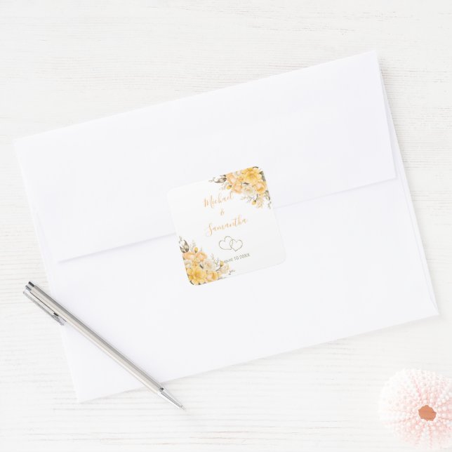 Adesivo Quadrado Casamento de Rosa de marfim e amarelo legante (Envelope)