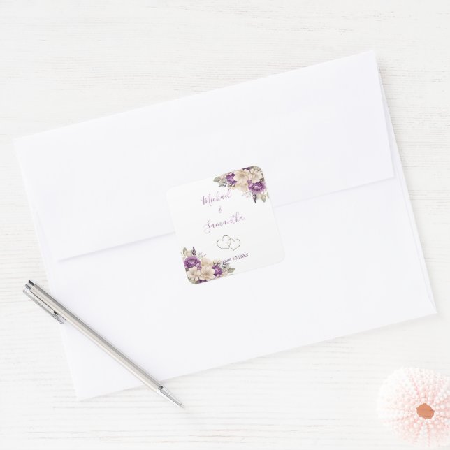 Adesivo Quadrado Casamento de Rosa de marfim e roxo elegante (Envelope)