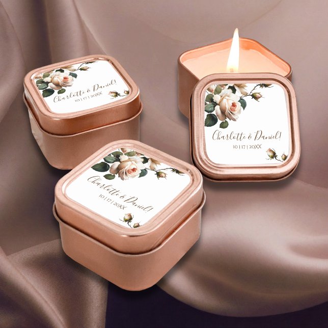 Adesivo Quadrado Casamento de Rosa de Óleo de Blush Beige (Criador carregado)