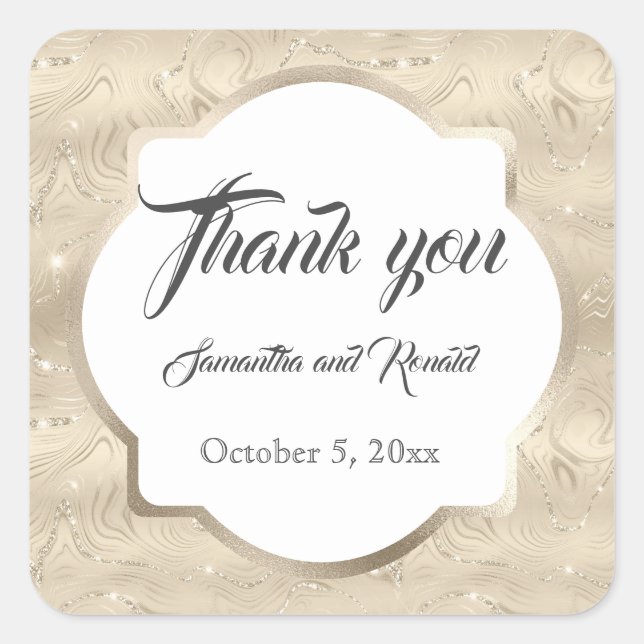 Adesivo Quadrado Casamento de Sandy Dourado Faux Foil Elegante (Frente)