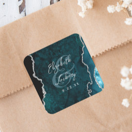 Adesivo Quadrado Casamento de Script de Ágata Azul Teal Prata