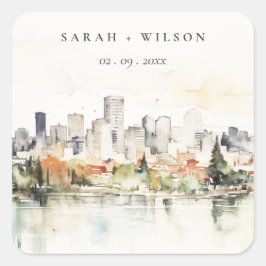 Adesivo Quadrado Casamento de Skyline Watercolor em Portland Oregon