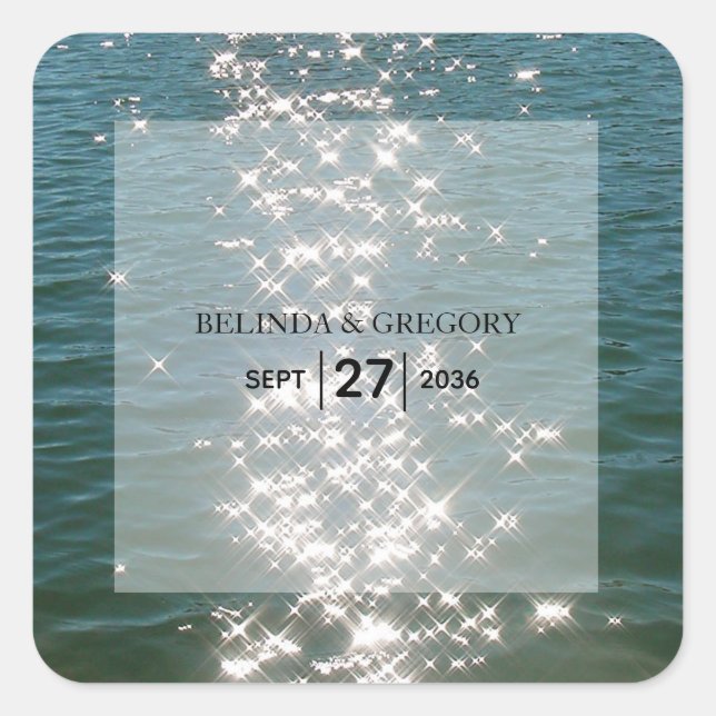 Adesivo Quadrado Casamento de Sparkles no Mar de Praia (Frente)