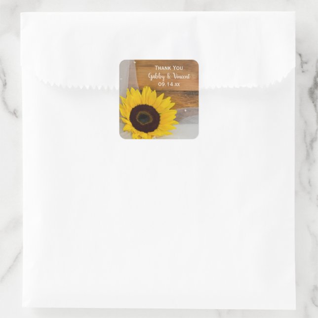 Adesivo Quadrado Casamento de Sunflower e Veil - País Obrigado Etiq (Bolsa)