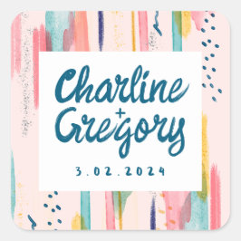 Adesivo Quadrado Casamento de Traços Coloridos de Pincel Abstrato d