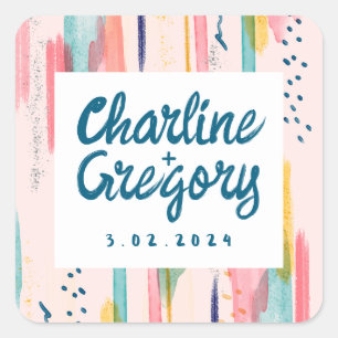 Adesivo Quadrado Casamento de Traços Coloridos de Pincel Abstrato d