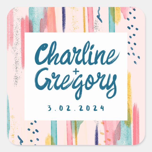 Adesivo Quadrado Casamento de Traços Coloridos de Pincel Abstrato d (Frente)
