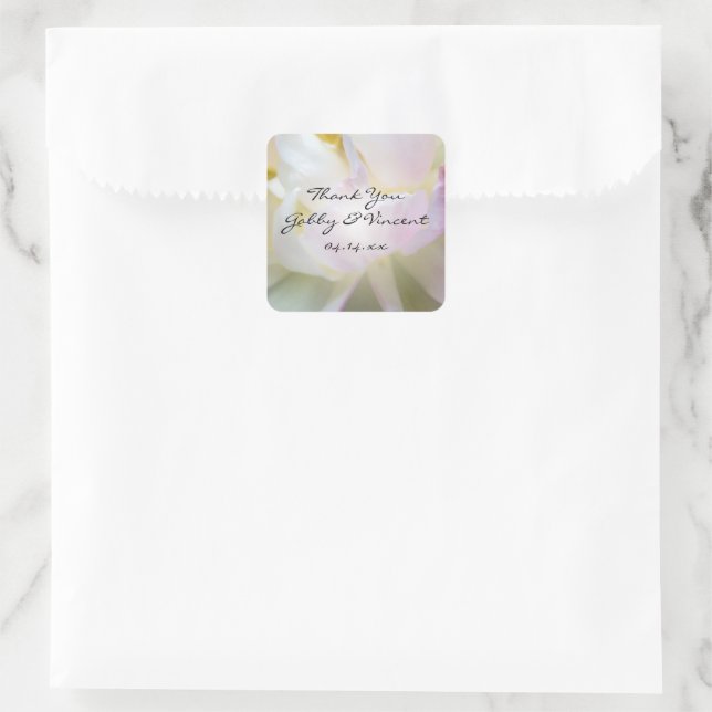 Adesivo Quadrado Casamento de Tulipas Brancas e Rosa Obrigado Etiqu (Bolsa)
