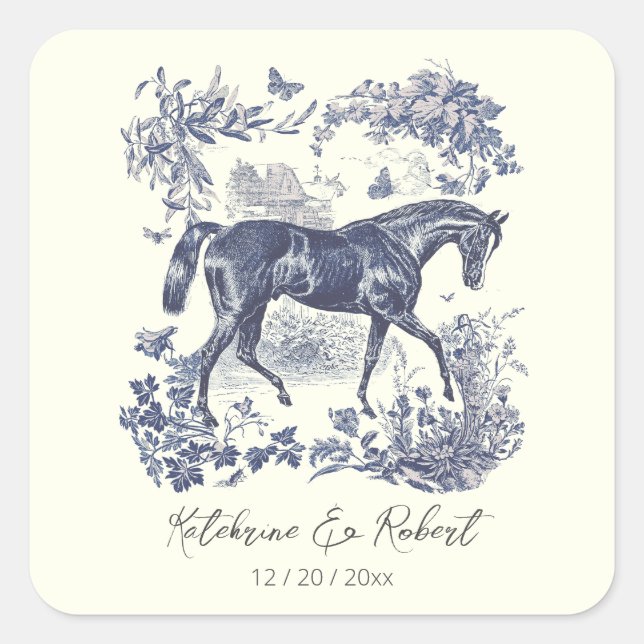 Adesivo Quadrado Casamento de Túneis de Cavalo Azul-Chic, Elegante (Frente)