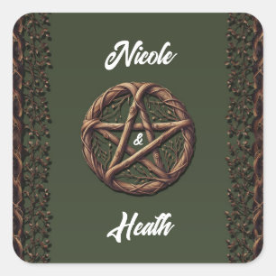 Adesivo Quadrado Casamento de Wood Twig Pentacle Olive Green Wiccan