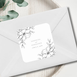 Adesivo Quadrado Casamento Desenho Linear Floral Preto Branco Moder