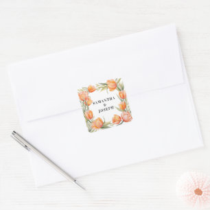 Adesivo Quadrado Casamento do Casal com Borda de Tulipas em Aquarel