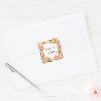 Adesivo Quadrado Casamento do Casal com Borda de Tulipas em Aquarel