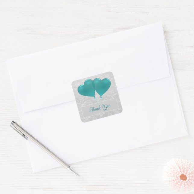 Adesivo Quadrado Casamento dos Balões do Teal Heart Obrigado (Envelope)