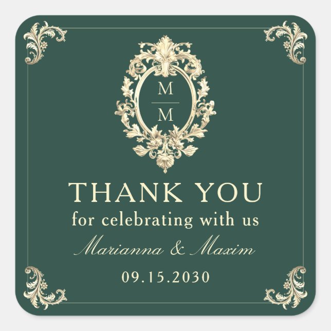 Adesivo Quadrado Casamento Dourado Barroco Emerald Green - Obrigado (Frente)