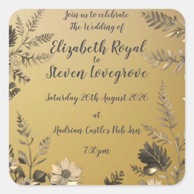 Adesivo Quadrado Casamento Dourado, claro e simples, com Design Flo (Frente)