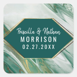 Adesivo Quadrado Casamento Dourado de Agate Marble, Emerald Green