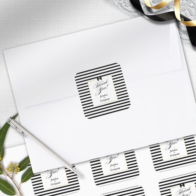 Adesivo Quadrado Casamento Dourado de Frame  de Stripe Negra Elegan (Criador carregado)