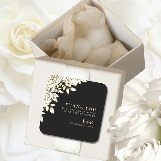 Adesivo Quadrado Casamento Dourado de Monograma Branco-Preto-Floral (Criador carregado)