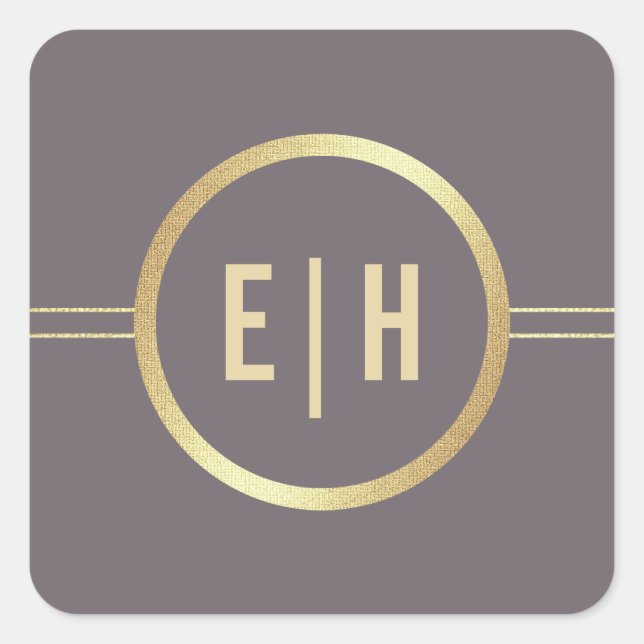 Adesivo Quadrado Casamento Dourado de Monograma de Mocha Escura (Frente)