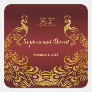 Adesivo Quadrado Casamento Dourado de Peacock Real Burgundy