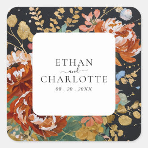 Adesivo Quadrado Casamento Dourado de Pintura Floral de Peões Laran