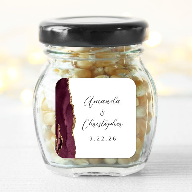 Adesivo Quadrado Casamento Dourado de Script Agate Burgundy (Criador carregado)