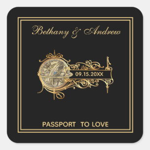 Adesivo Quadrado Casamento Dourado de Viagens vintage Negra Elegant