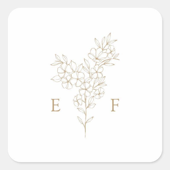 Adesivo Quadrado Casamento Dourado e simples do monograma do sopro  (Frente)