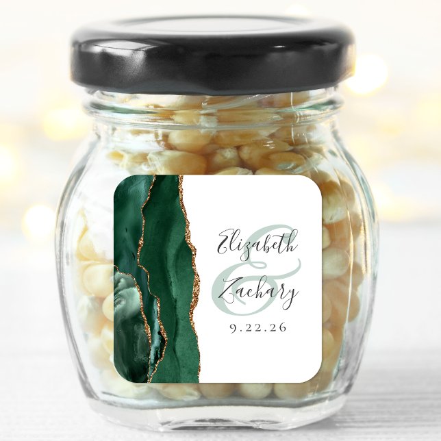 Adesivo Quadrado Casamento Dourado Emerald Green do Script Agate Ge (Criador carregado)