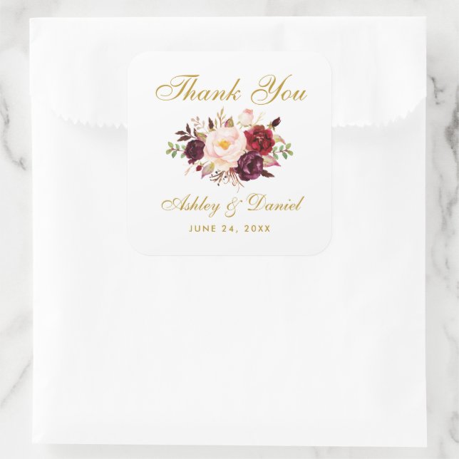 Adesivo Quadrado Casamento Dourado Floral Burgundy Obrigado Sq (Bolsa)
