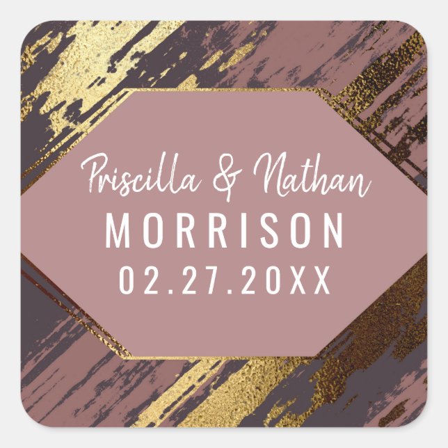 Adesivo Quadrado Casamento Dourado Roxo Mauve Brushstrokes (Frente)