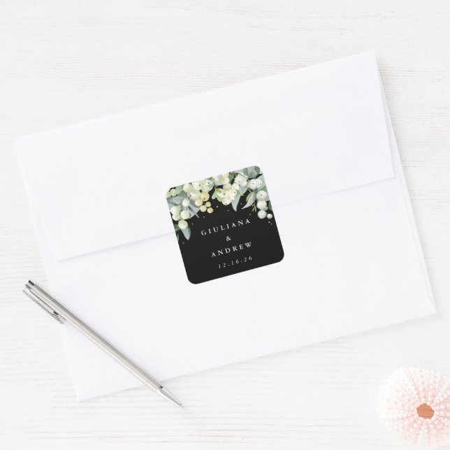 Adesivo Quadrado Casamento Elegante Black Snowberry+Eucalyptus (Envelope)