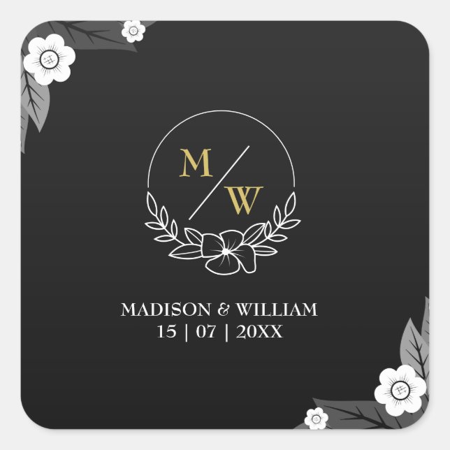 Adesivo Quadrado Casamento Elegante Branco e Negro Simples (Frente)