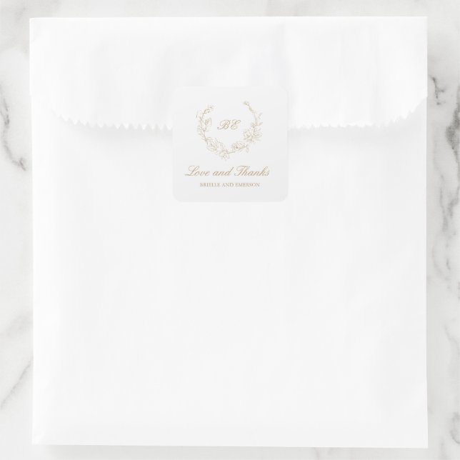 Adesivo Quadrado Casamento Elegante Dourado Wreath Monograma (Bolsa)