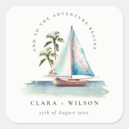 Adesivo Quadrado Casamento Elegante Dusky Teal Sailboat Palm Seasca