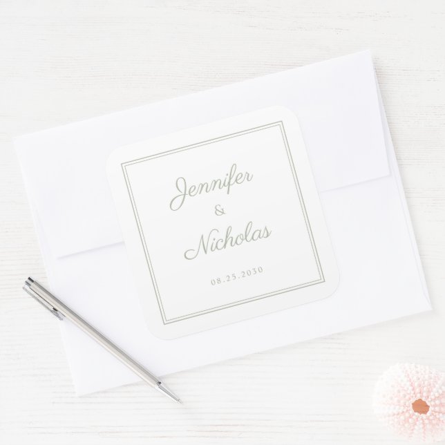 Adesivo Quadrado Casamento Elegante em Verde Sálvia com Letra Cursi (Envelope)