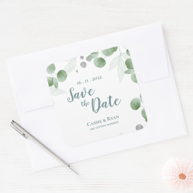 Adesivo Quadrado Casamento Elegante Eucalyptus Greenery Salve a dat (Envelope)