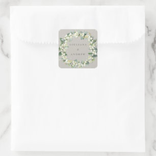 Adesivo Quadrado Casamento Elegante Greige Snowberry+Eucalyptus Wre