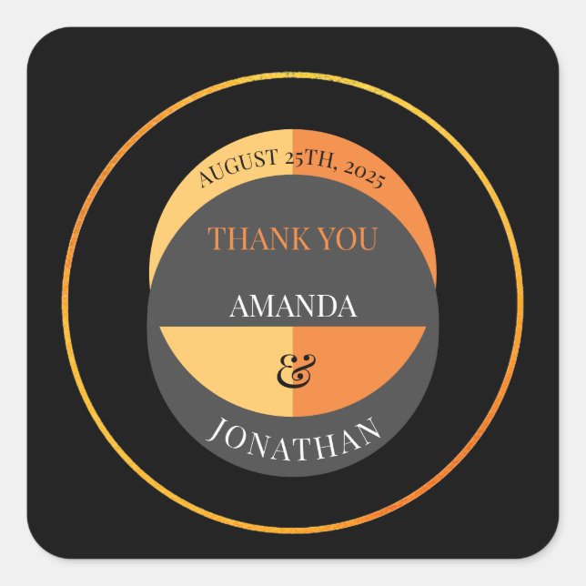Adesivo Quadrado Casamento Elegante Negro e Laranja Obrigado (Frente)