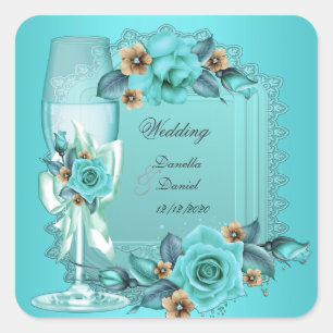 Adesivo Quadrado Casamento Elegante Rosas Flores Azul Bege