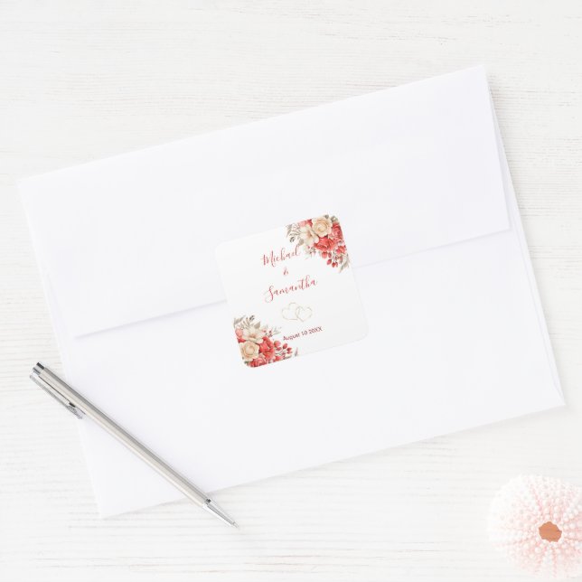 Adesivo Quadrado Casamento Elegante Vermelho e Rosa de Marfim (Envelope)