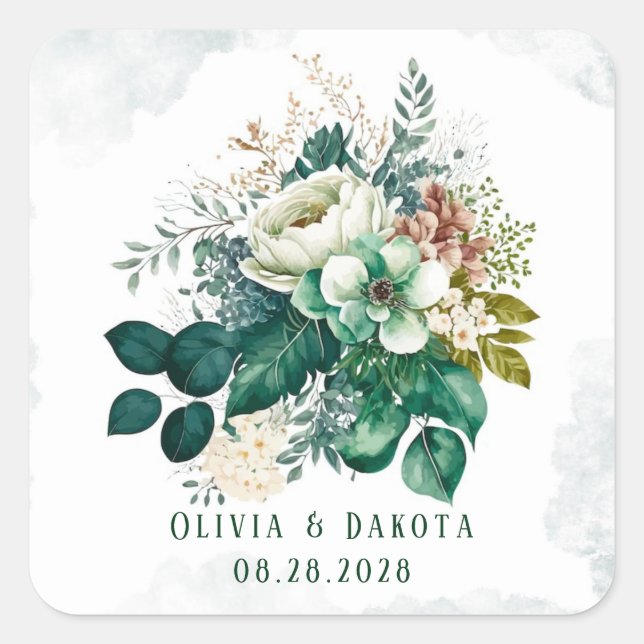 Adesivo Quadrado Casamento entre Emerald Green e Cream Florals (Frente)