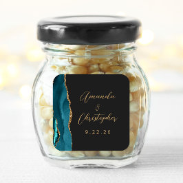 Adesivo Quadrado Casamento Escuro Ágata Azul Teal Dourado Script