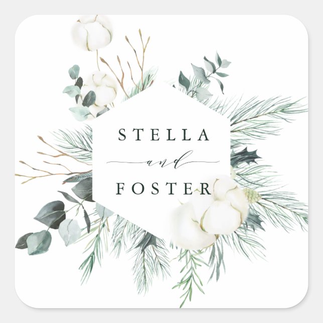 Adesivo Quadrado Casamento Evergreen & Cotton com Hexágono Elegante (Frente)